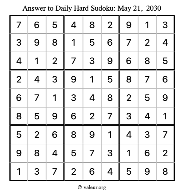 Answer to hard sudoku May 21, 2030