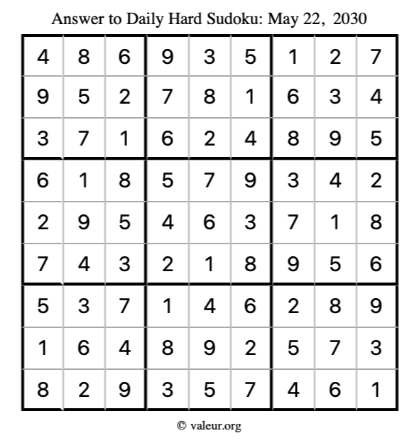 Answer to hard sudoku May 22, 2030