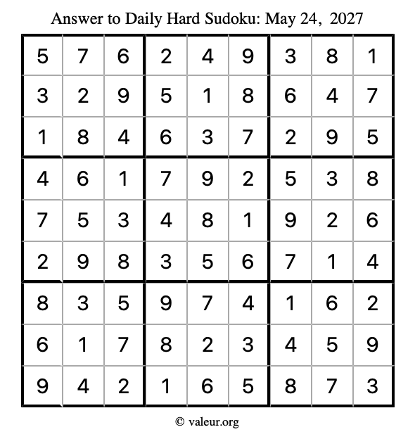 Answer to hard sudoku May 24, 2027