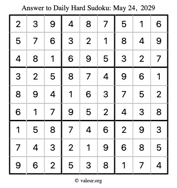 Answer to hard sudoku May 24, 2029
