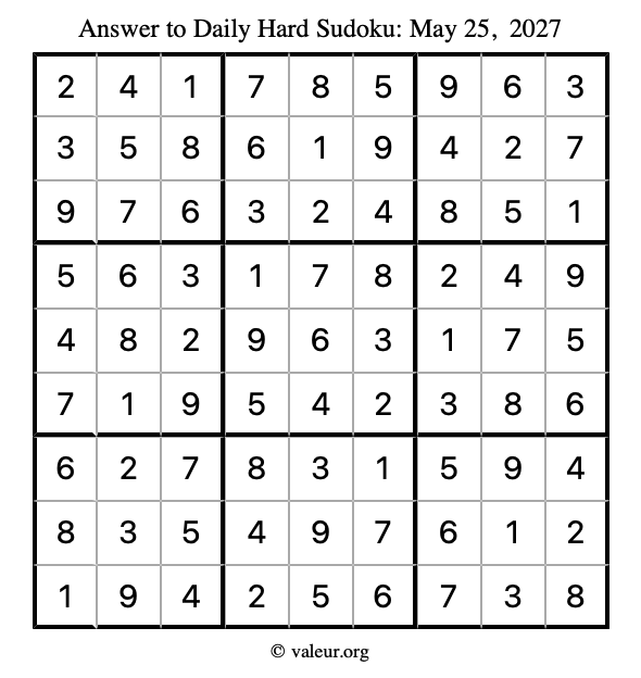Answer to hard sudoku May 25, 2027