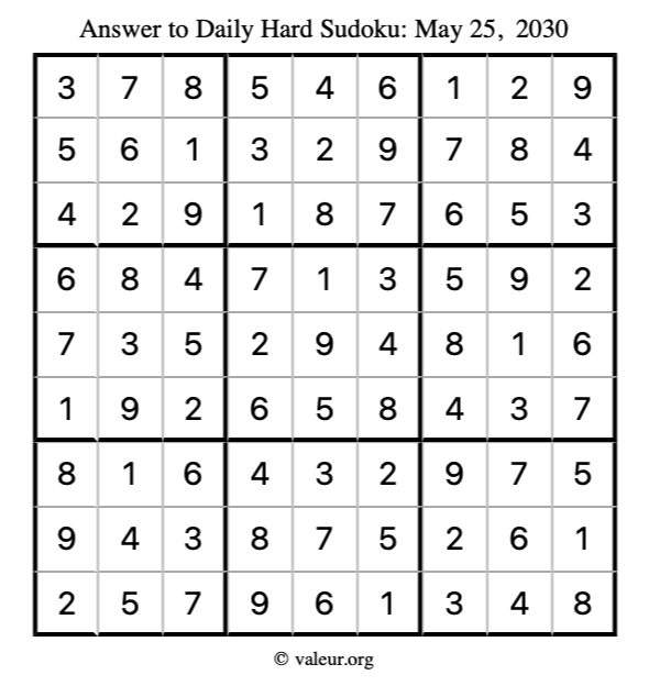 Answer to hard sudoku May 25, 2030