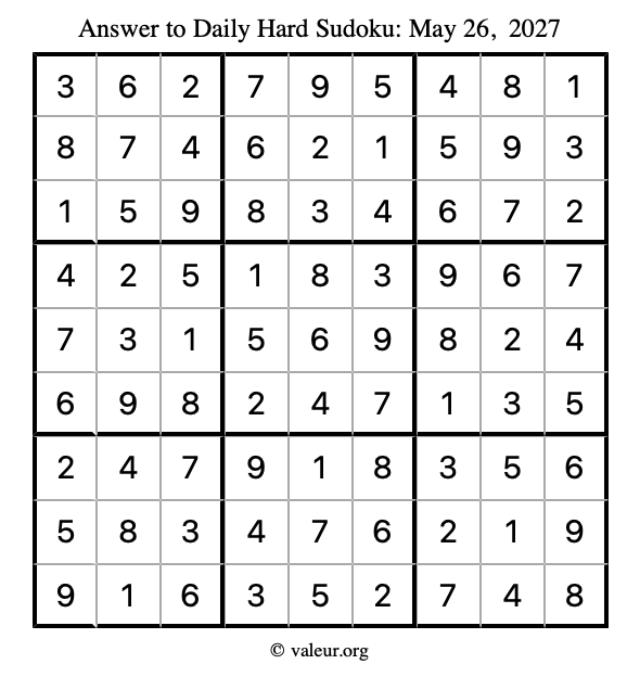 Answer to hard sudoku May 26, 2027