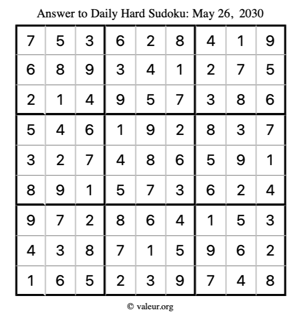 Answer to hard sudoku May 26, 2030