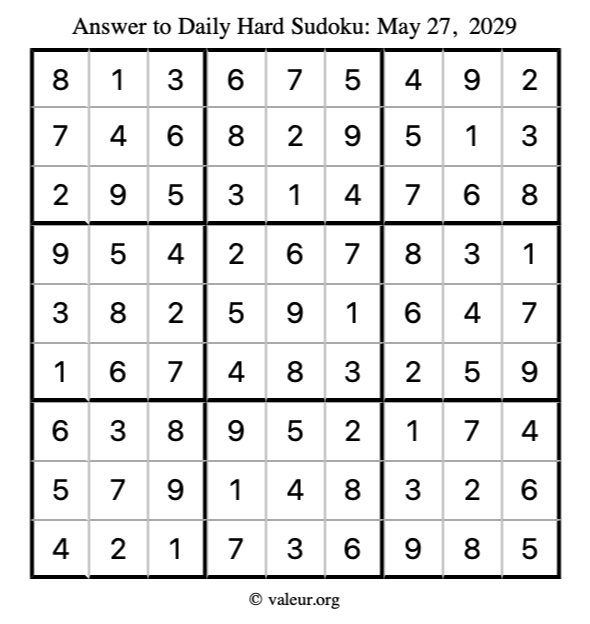 Answer to hard sudoku May 27, 2029