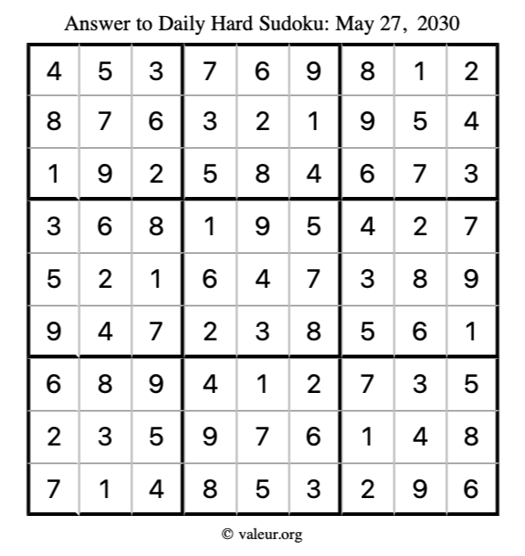 Answer to hard sudoku May 27, 2030