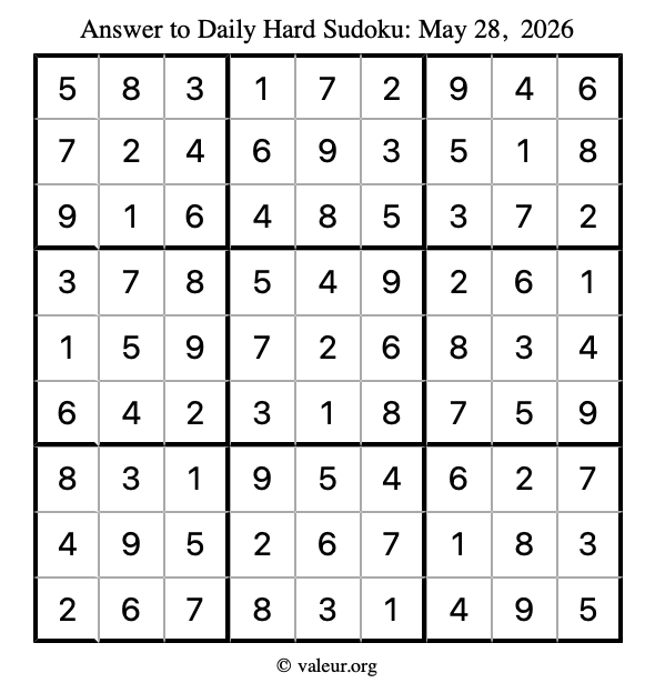 Answer to hard sudoku May 28, 2026