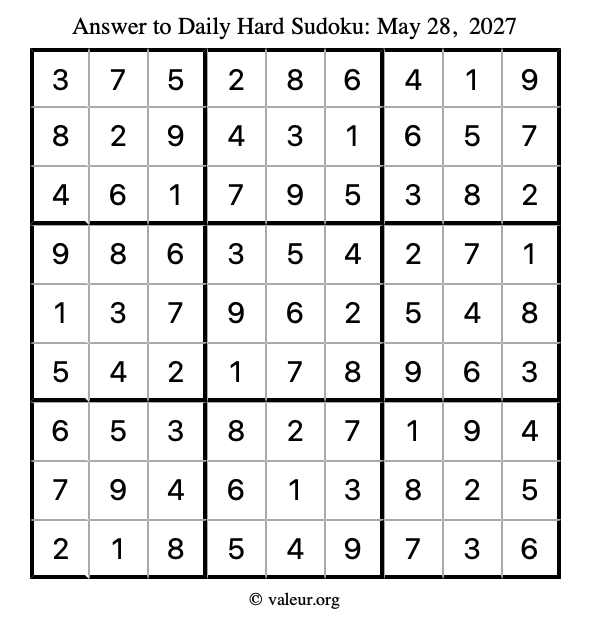 Answer to hard sudoku May 28, 2027