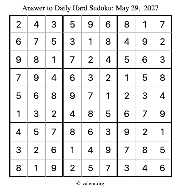 Answer to hard sudoku May 29, 2027