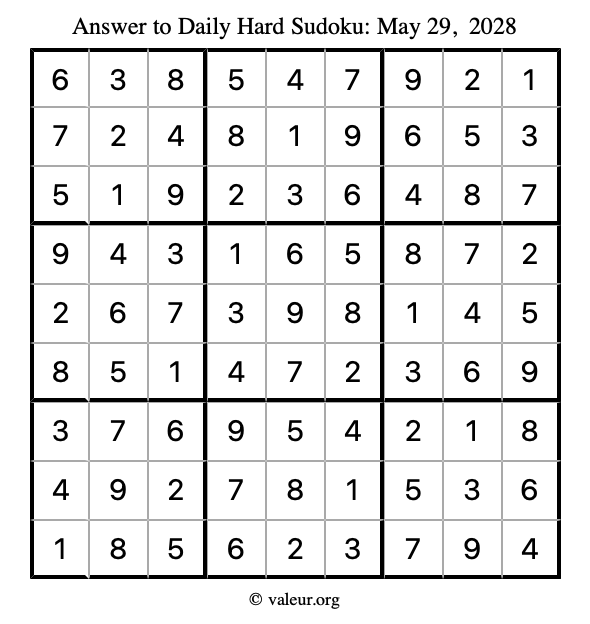 Answer to hard sudoku May 29, 2028