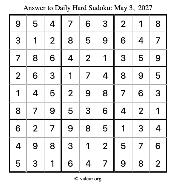 Answer to hard sudoku May 3, 2027