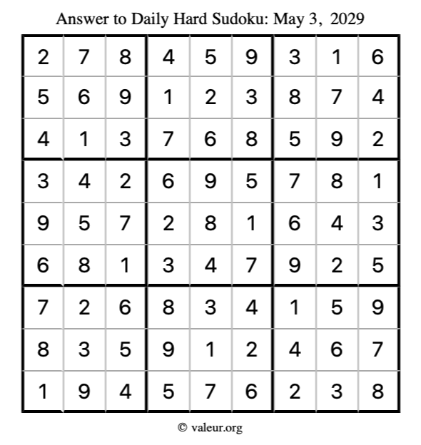 Answer to hard sudoku May 3, 2029