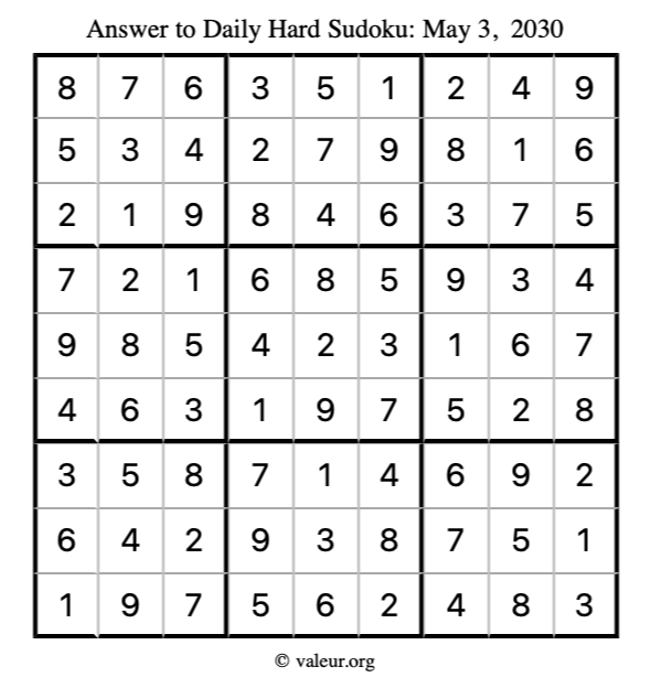 Answer to hard sudoku May 3, 2030