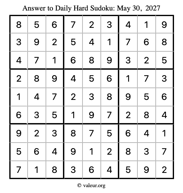 Answer to hard sudoku May 30, 2027