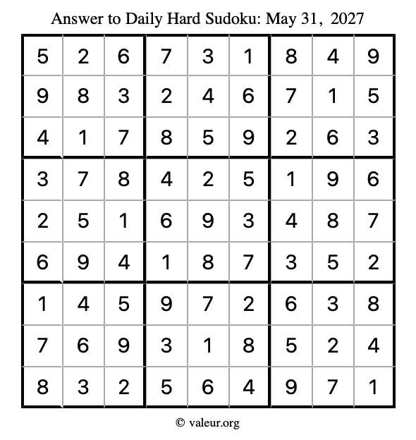 Answer to hard sudoku May 31, 2027
