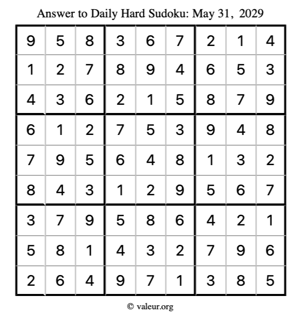 Answer to hard sudoku May 31, 2029