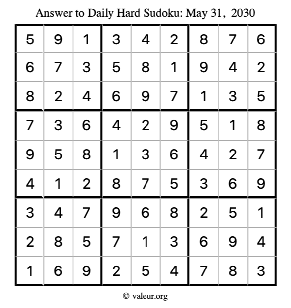 Answer to hard sudoku May 31, 2030