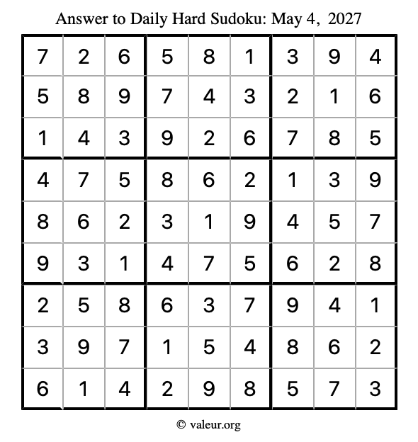 Answer to hard sudoku May 4, 2027