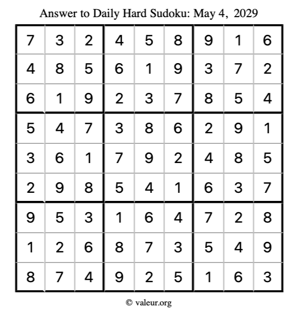 Answer to hard sudoku May 4, 2029