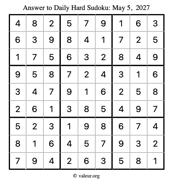 Answer to hard sudoku May 5, 2027