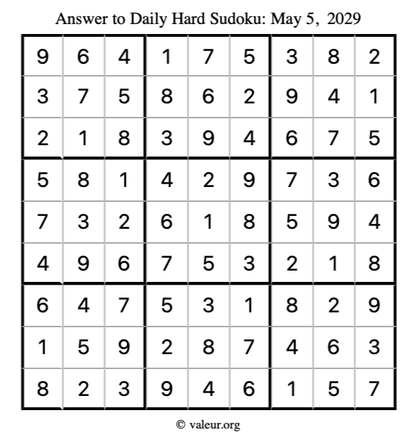 Answer to hard sudoku May 5, 2029