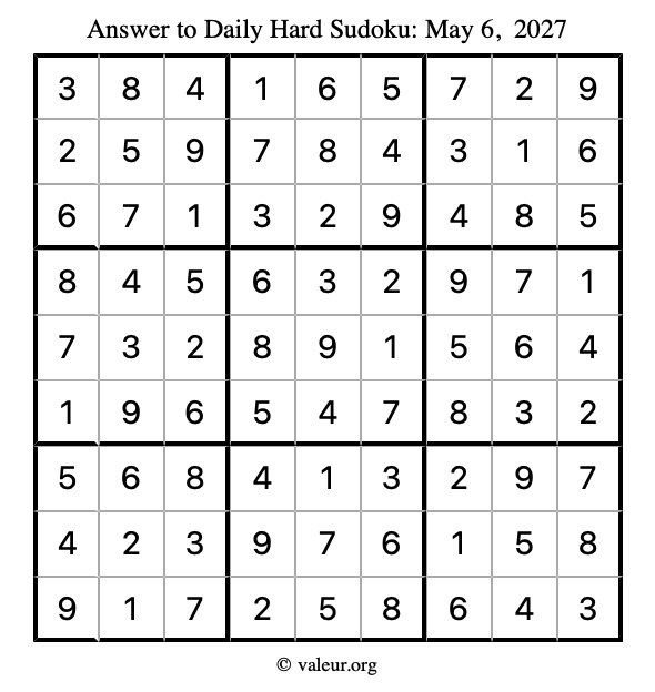 Answer to hard sudoku May 6, 2027