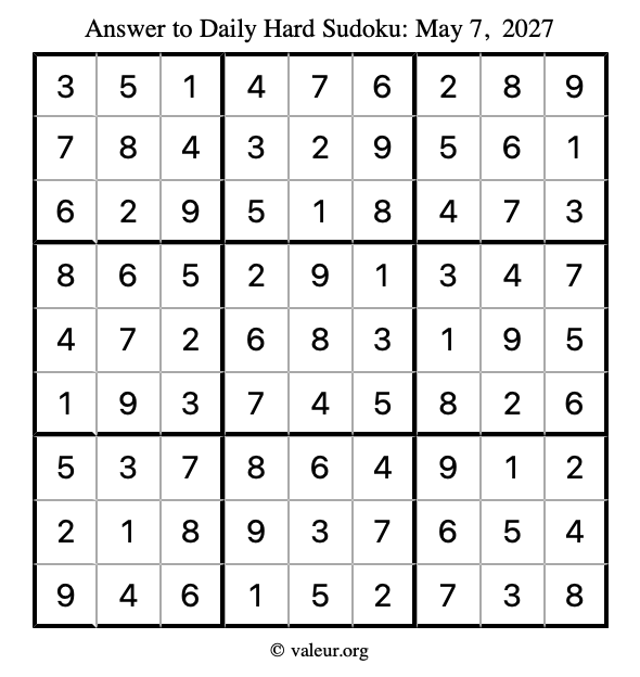 Answer to hard sudoku May 7, 2027