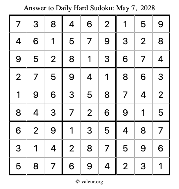 Answer to hard sudoku May 7, 2028