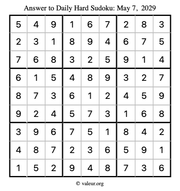 Answer to hard sudoku May 7, 2029