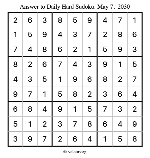 Answer to hard sudoku May 7, 2030