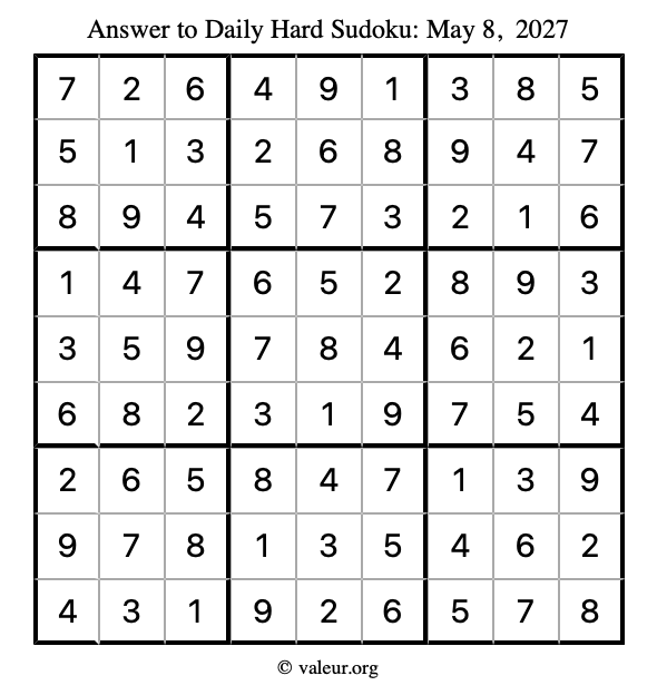 Answer to hard sudoku May 8, 2027