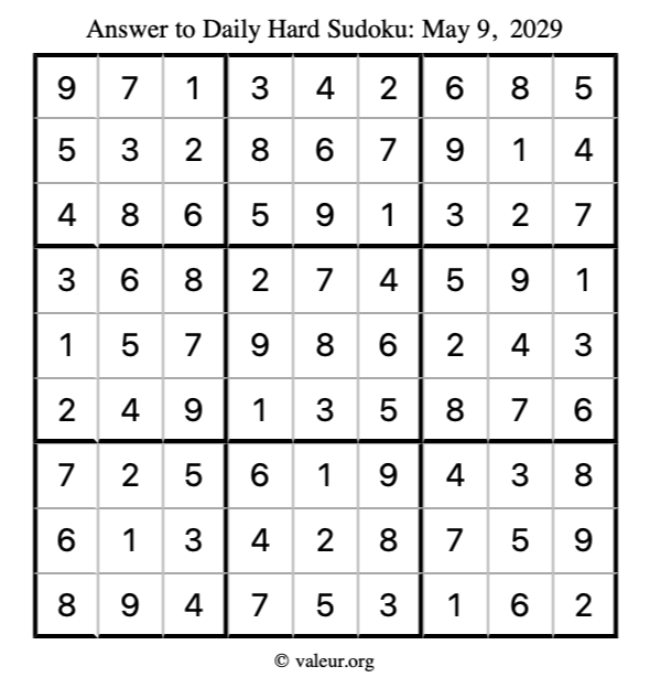Answer to hard sudoku May 9, 2029