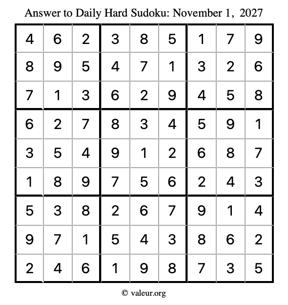 Answer to hard sudoku November 1, 2027