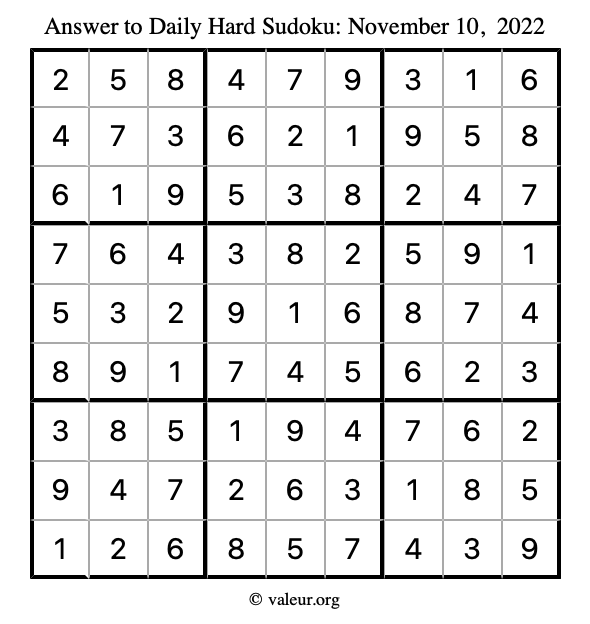Answer to hard sudoku November 10, 2022