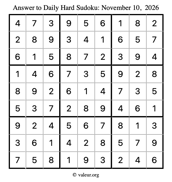 Answer to hard sudoku November 10, 2026