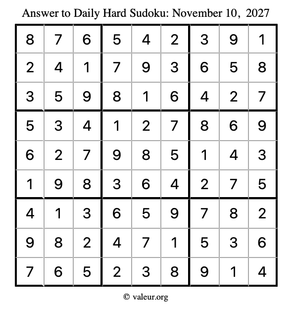 Answer to hard sudoku November 10, 2027