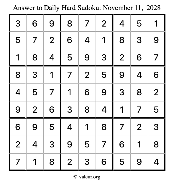 Answer to hard sudoku November 11, 2028