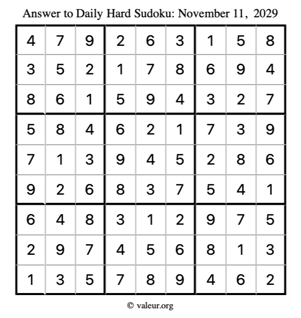 Answer to hard sudoku November 11, 2029