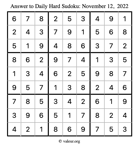 Answer to hard sudoku November 12, 2022