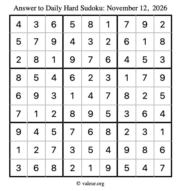 Answer to hard sudoku November 12, 2026