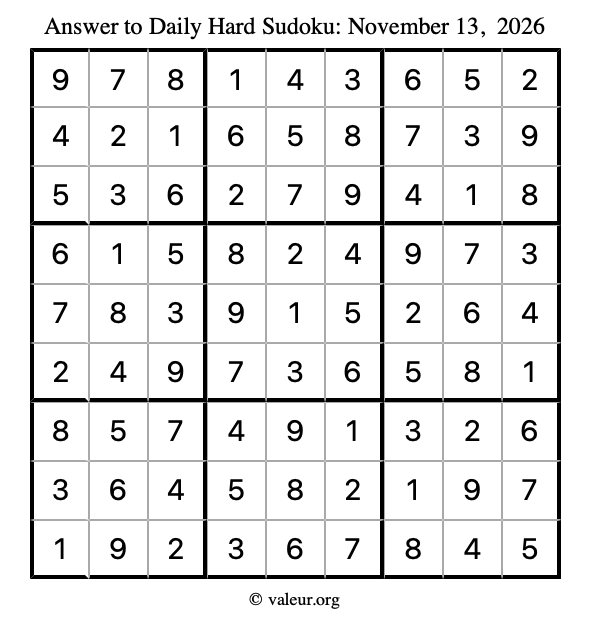 Answer to hard sudoku November 13, 2026