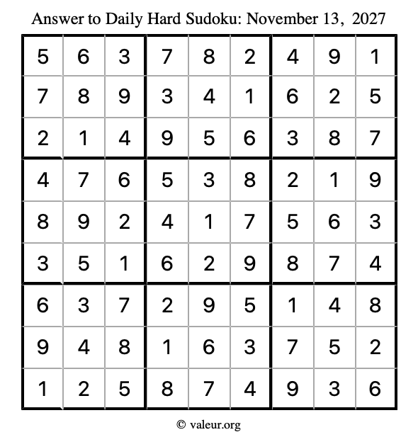 Answer to hard sudoku November 13, 2027
