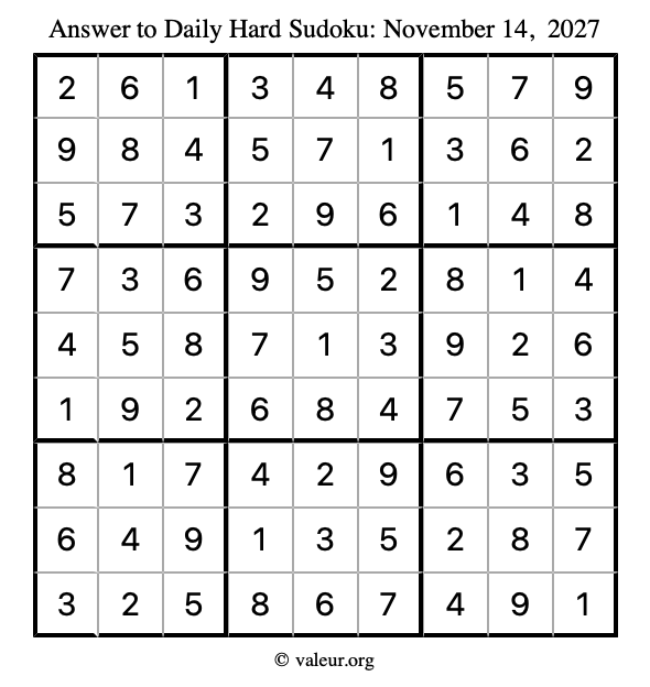 Answer to hard sudoku November 14, 2027