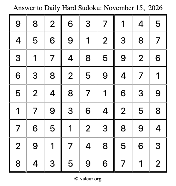 Answer to hard sudoku November 15, 2026