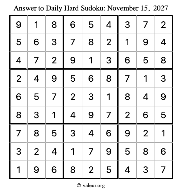 Answer to hard sudoku November 15, 2027