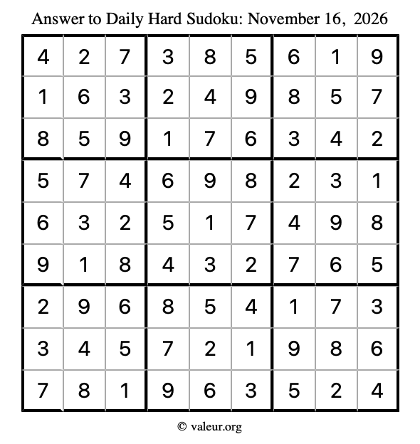 Answer to hard sudoku November 16, 2026