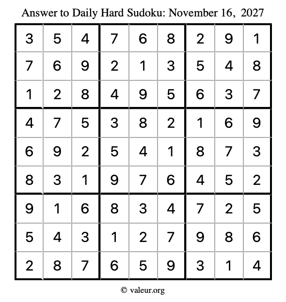 Answer to hard sudoku November 16, 2027