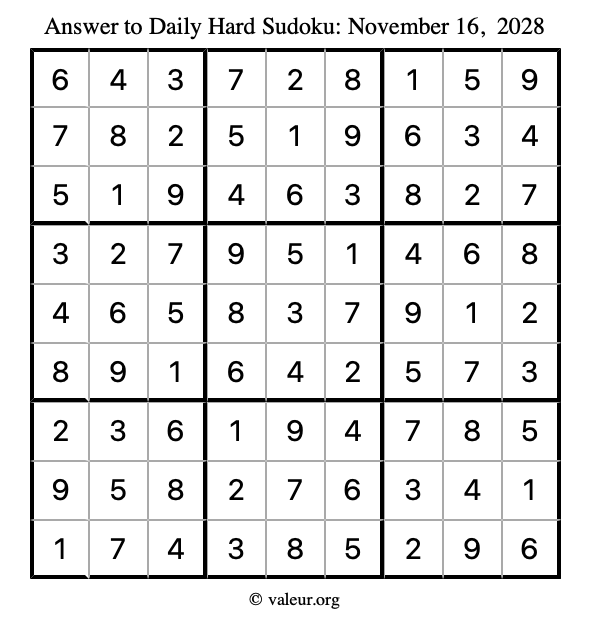 Answer to hard sudoku November 16, 2028