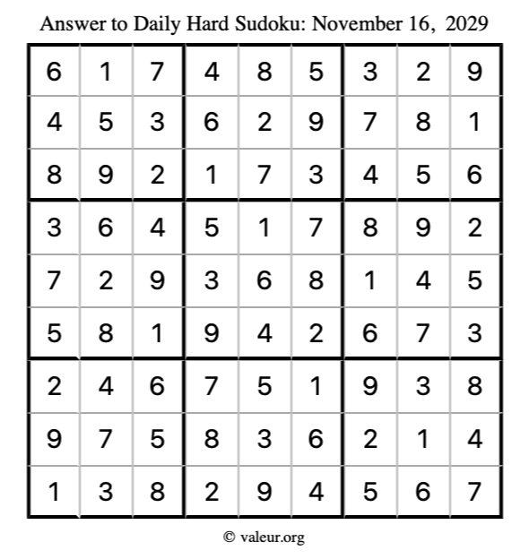 Answer to hard sudoku November 16, 2029
