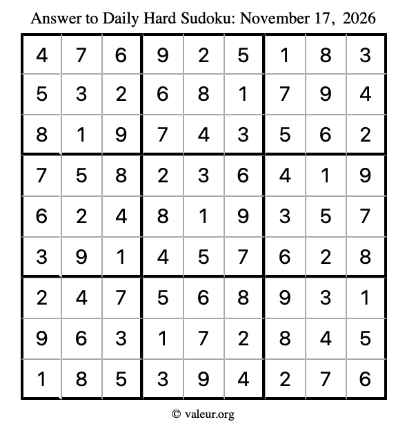 Answer to hard sudoku November 17, 2026